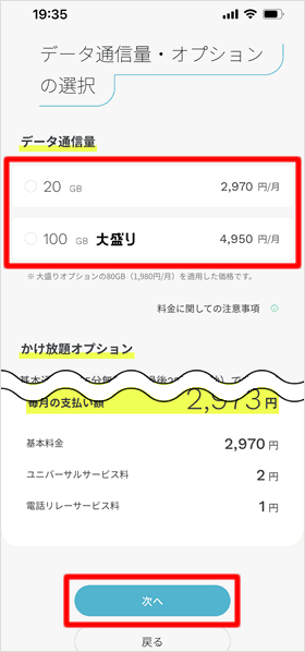 データ通信量・オプションの選択